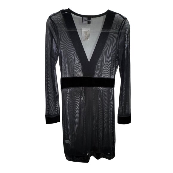 Day & Night Womens V-Neck Sheer Black Dress Medium Sexy Bodycon Velvet Trim Club - Picture 2 of 7